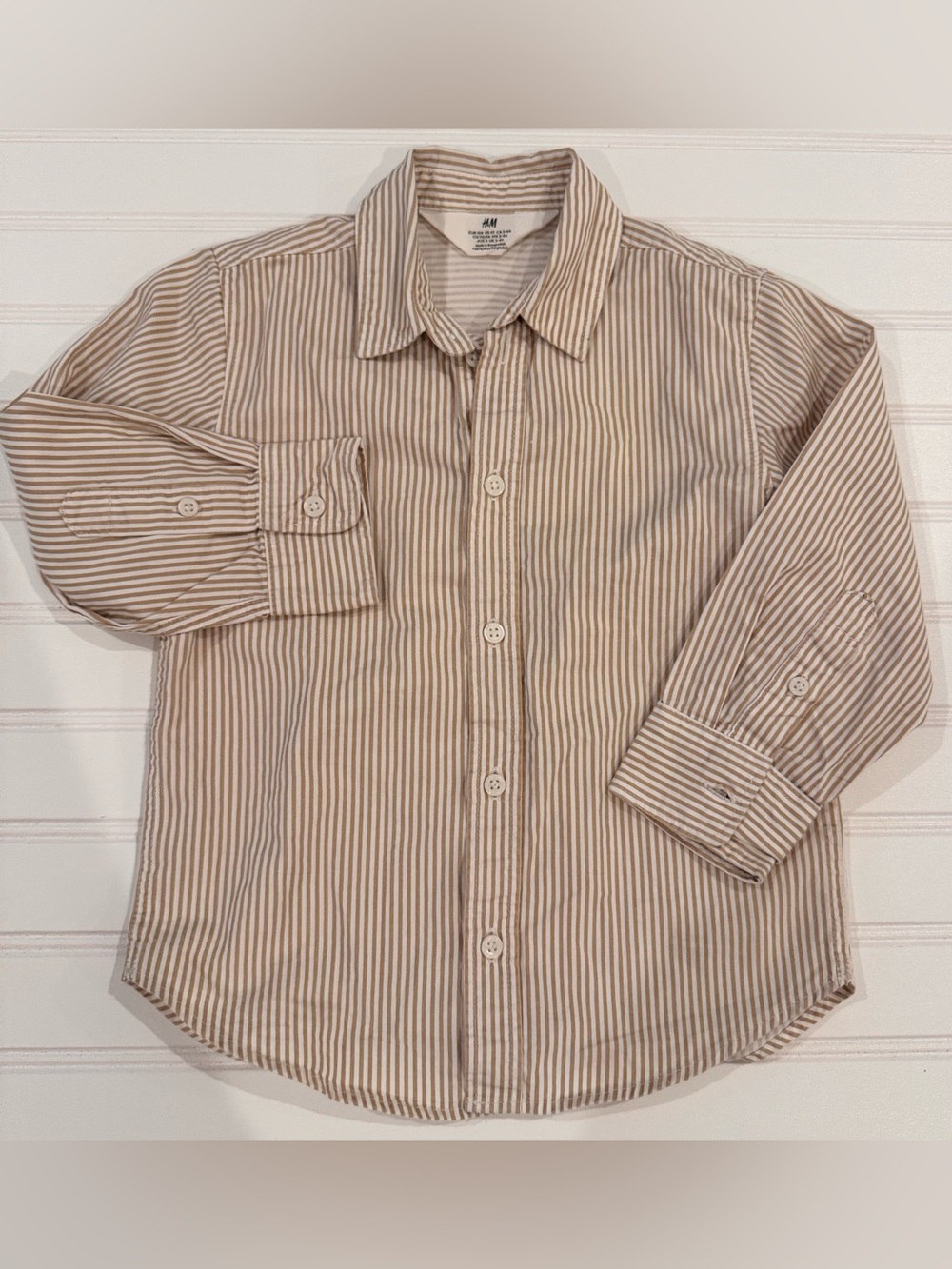 H&M Boys 4T Beige White Striped Cotton Long Sleeve Button Down Shirt